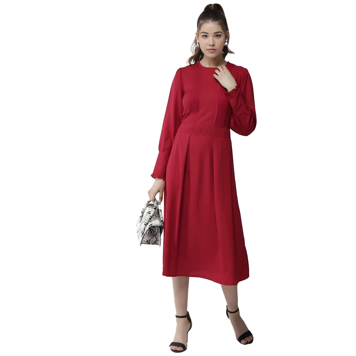 Women's Polyester Pintuck Long Sleeves Below Knee Dress (red) | Women Signature Collection
