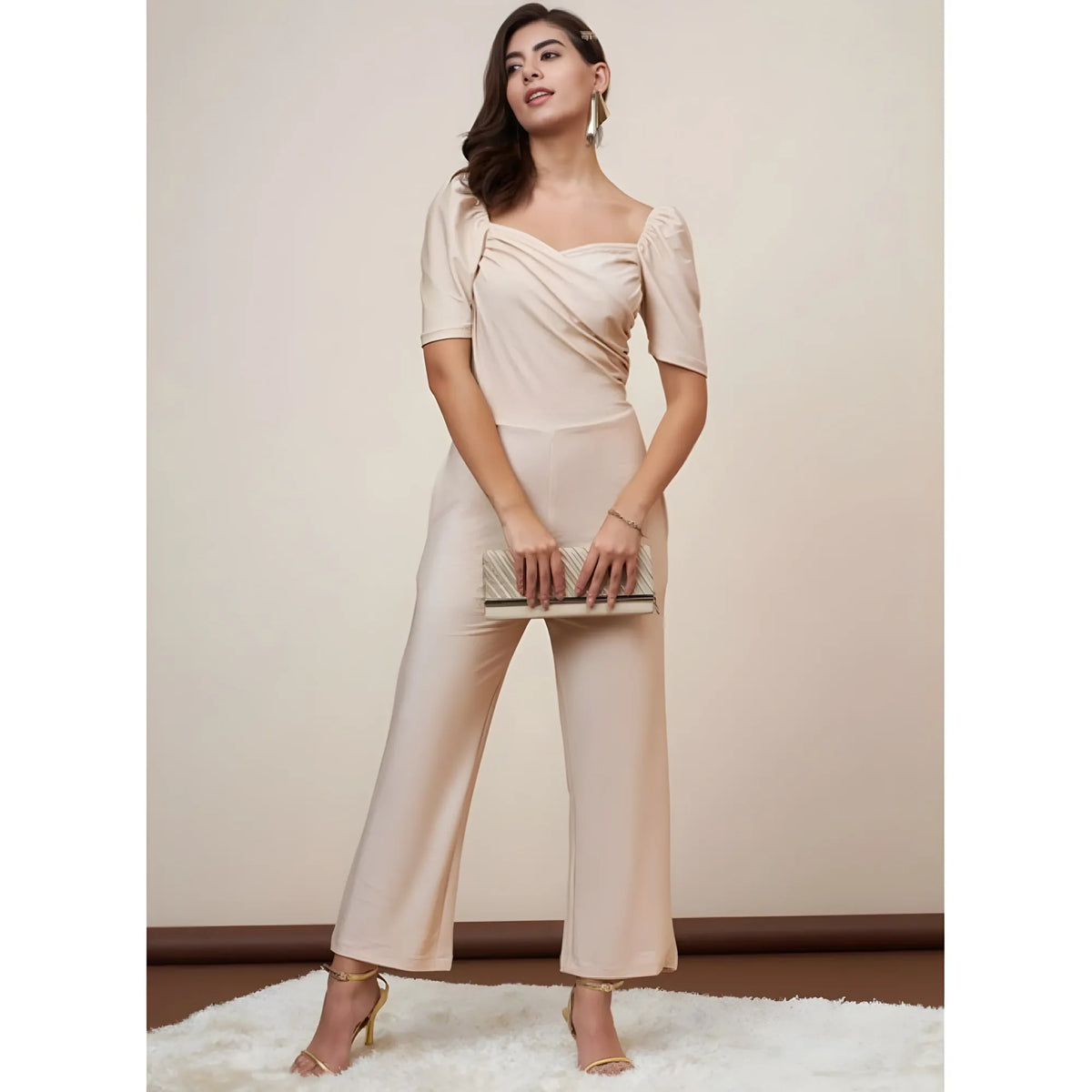 Women's Polyester Shimmer Self Design Short Sleeve Jumpsuit (gold) | Women Signature Collection
