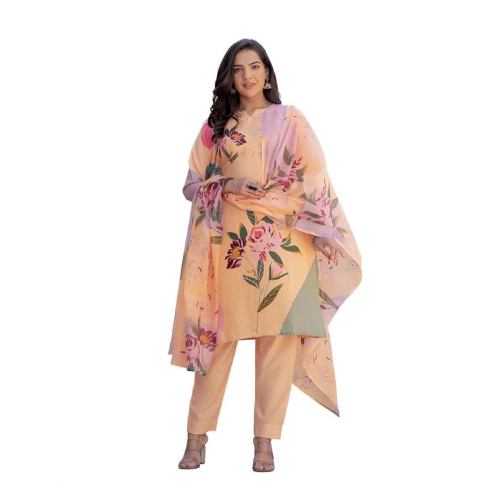 Women's Cotton Blend Printed Kurti With Pant Dupatta Set (orange) | Women Signature Collection