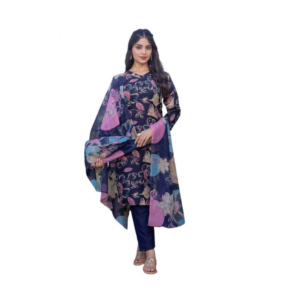 Women's Cotton Blend Printed Kurti With Pant Dupatta Set (navyblue) | Women Signature Collection