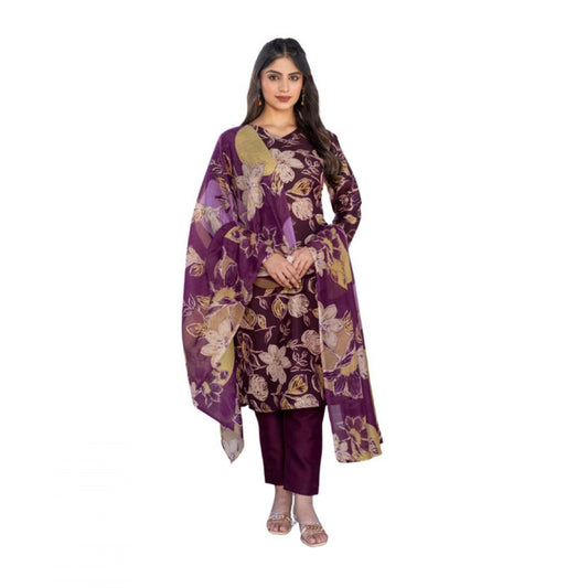 Women's Cotton Blend Printed Kurti With Pant Dupatta Set (purple) | Women Signature Collection
