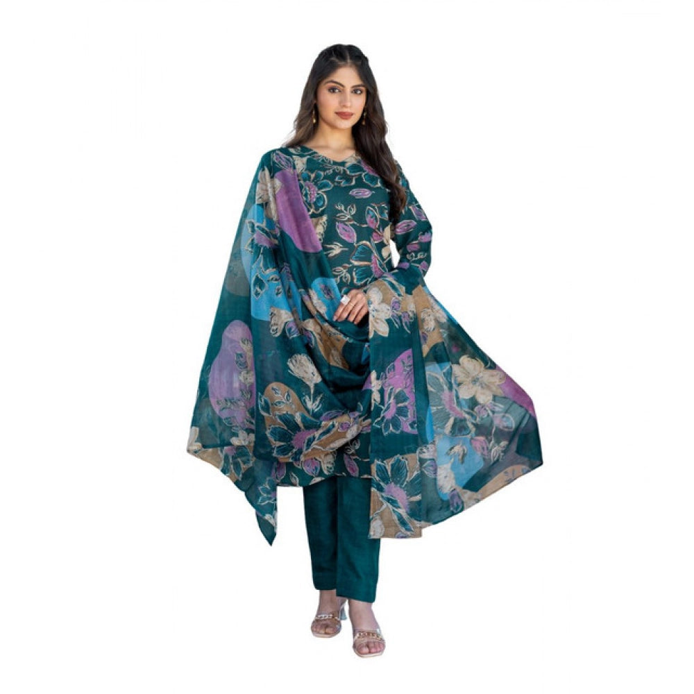 Women's Cotton Blend Printed Kurti With Pant Dupatta Set (rama) | Women Signature Collection