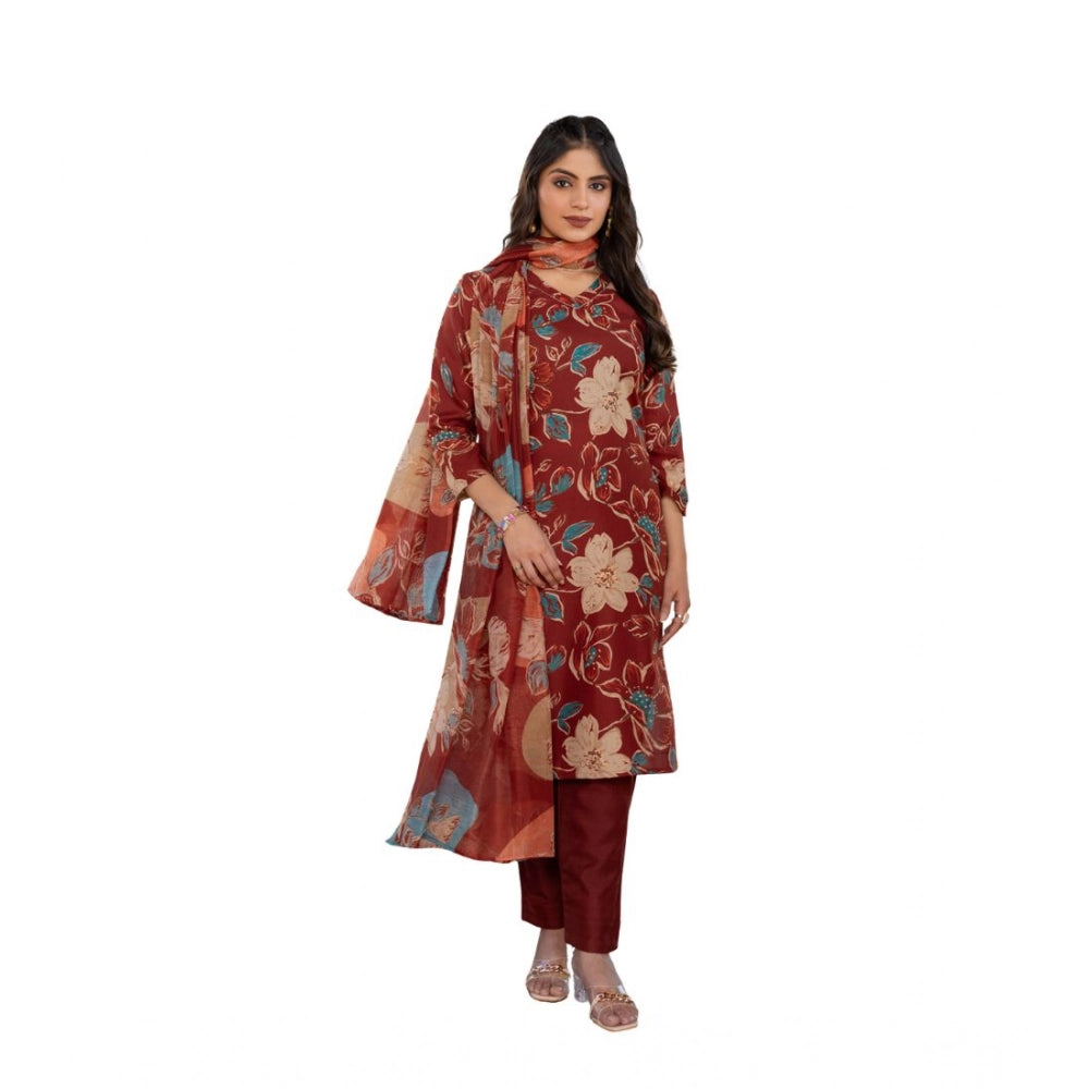 Women's Cotton Blend Printed Kurti With Pant Dupatta Set (rust) | Women Signature Collection