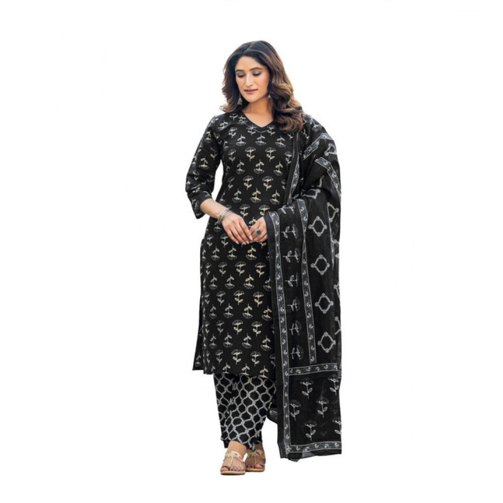 Women's Cotton Blend Printed Kurti With Pant Dupatta Set (black) | Women Signature Collection