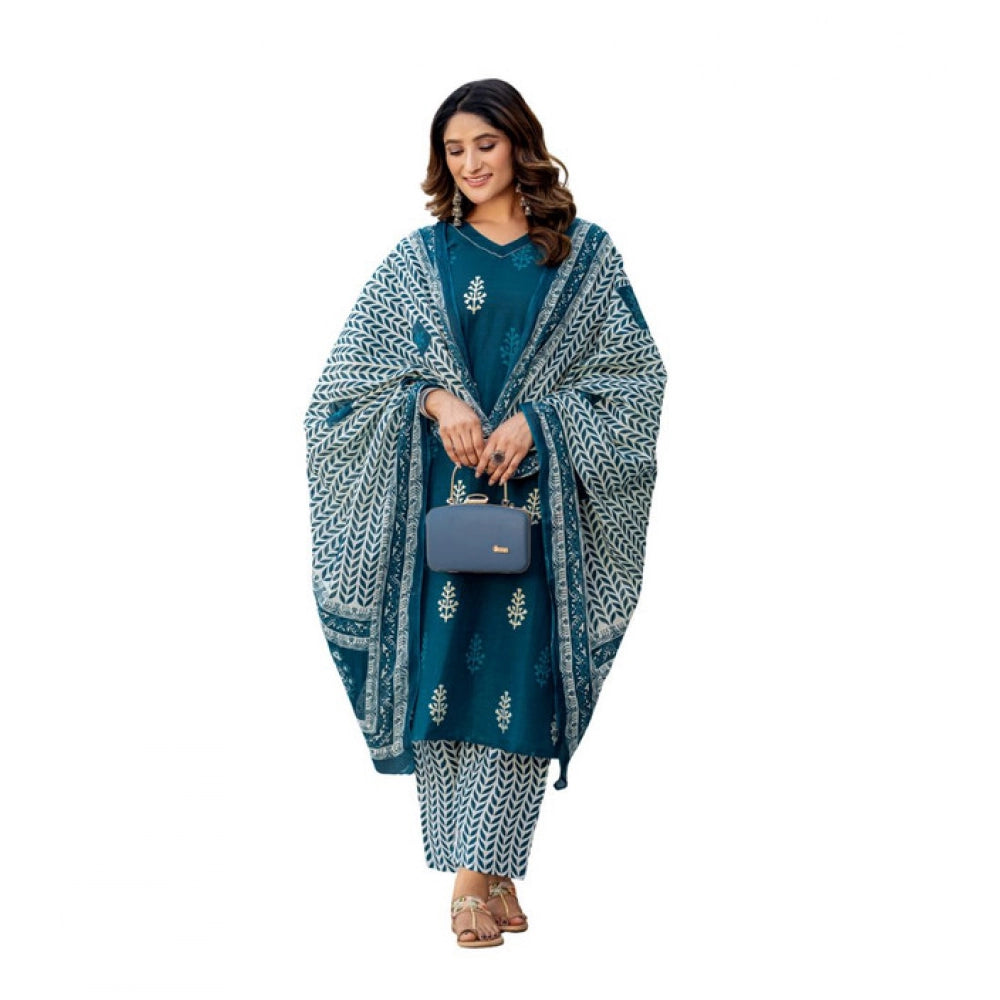 Women's Cotton Blend Printed Kurti With Pant Dupatta Set (morpichh) | Women Signature Collection