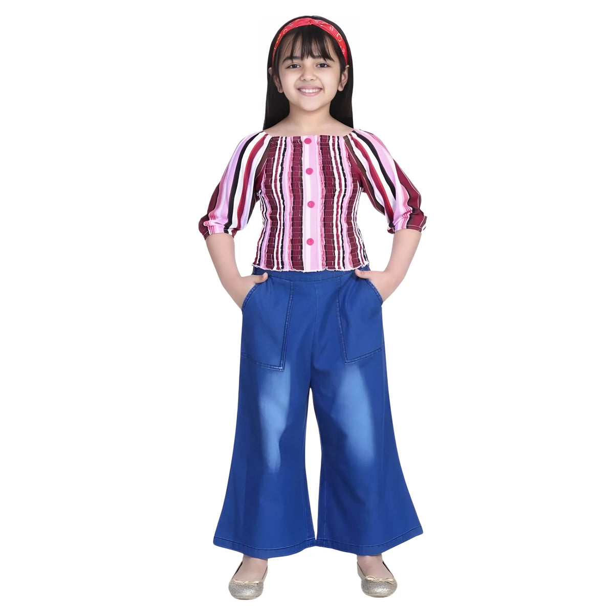 Girl's Rayon Solid Bell Sleeve Top With Culottes (purple Blue) | Kids Signature Collection
