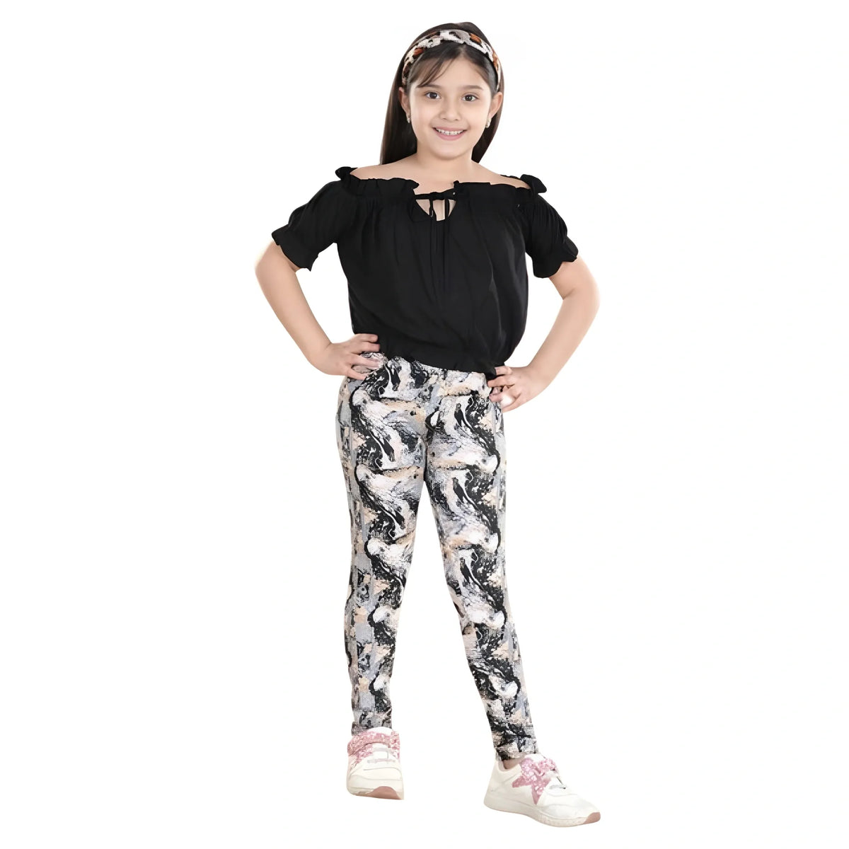 Girl's Cotton Floral Elasticated Jegging And Top Set (black) | Kids Signature Collection