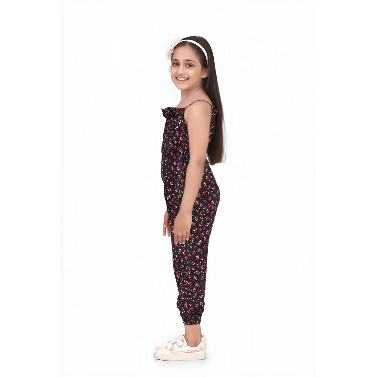 Girl's Rayon Floral Sleeveless Jumpsuit (black Red) | Kids Signature Collection