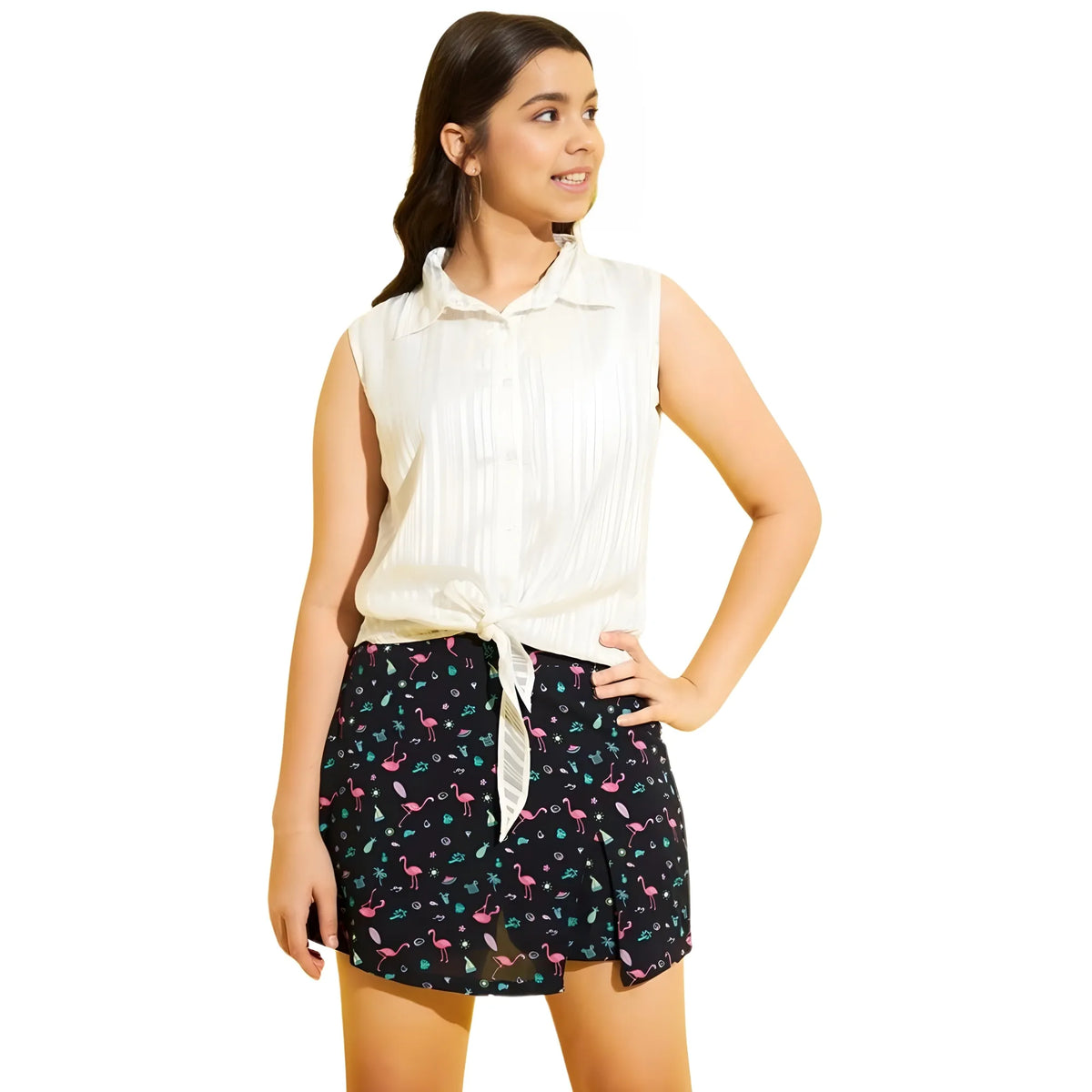 Girl's Polyester Lurex Printed Sleeveless Top Set (white Navy) | Kids Signature Collection