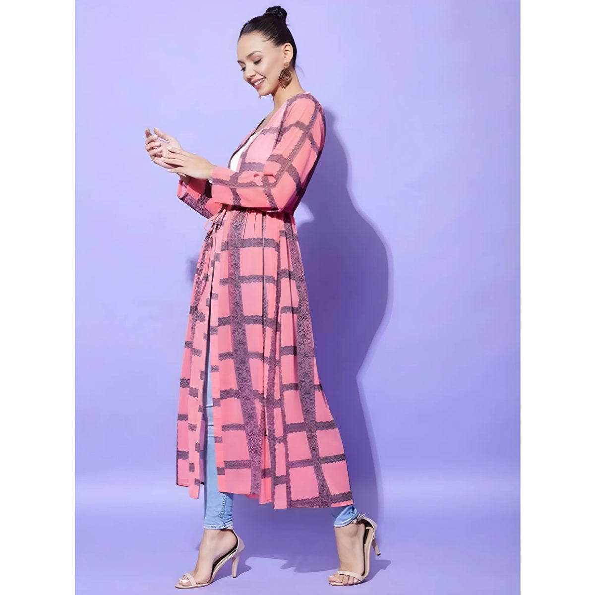Women's Polyester Check Long Sleeves Shrug (pink) | Women Signature Collection