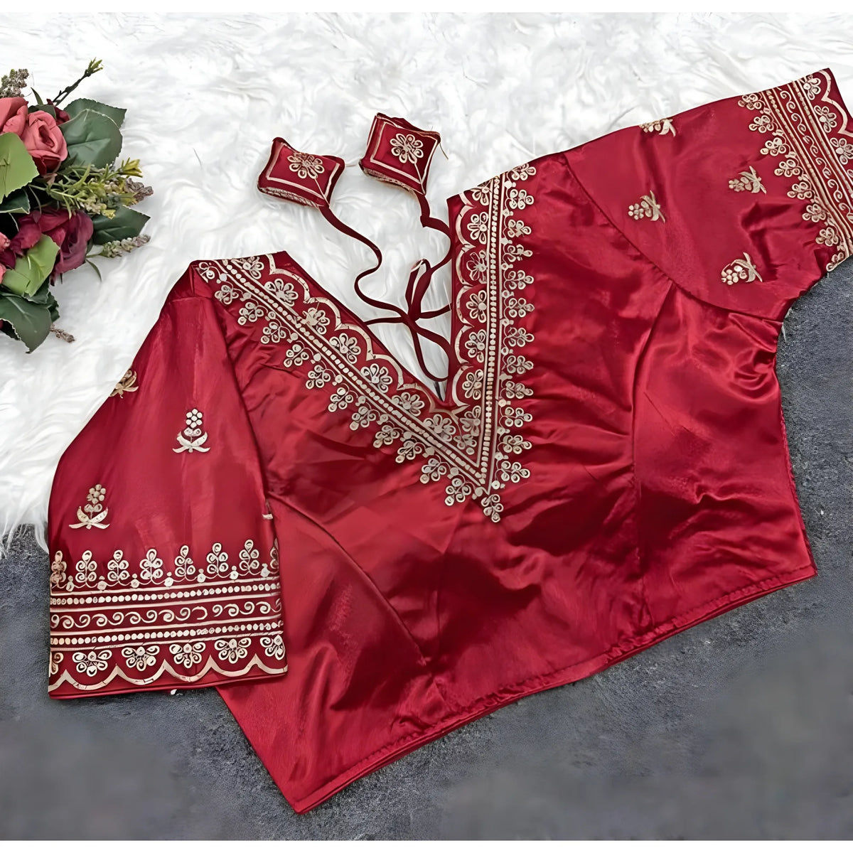 Garnet Women's Satin Embroidered Half sleeve V-Neck Padded Readymade Blouse