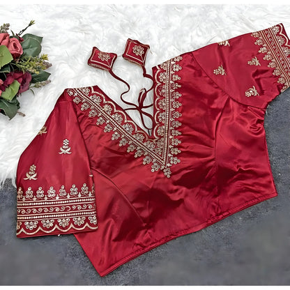 Garnet Women's Satin Embroidered Half sleeve V-Neck Padded Readymade Blouse