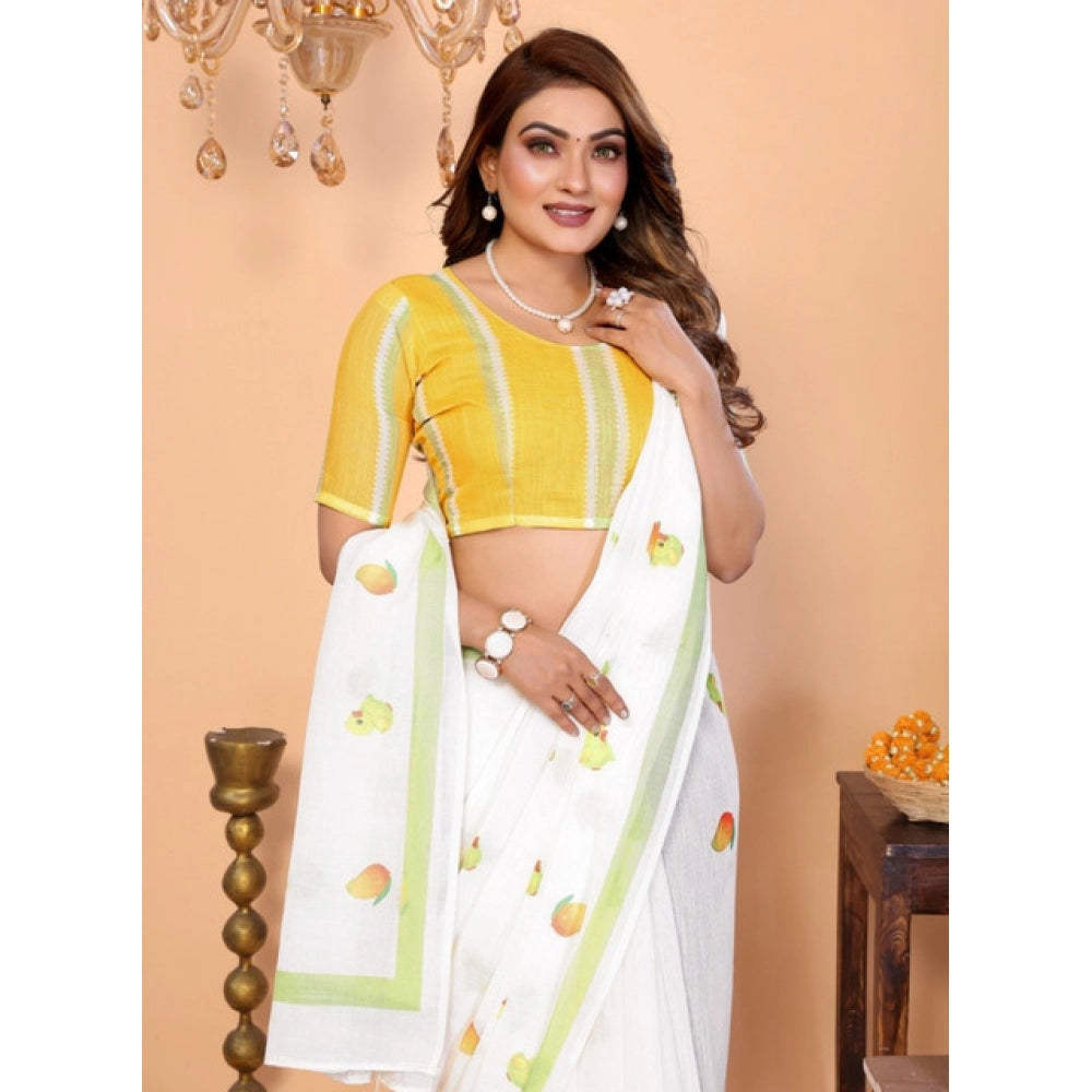 Women's Linen Cotton Printed Saree With Unstitched Blouse 5.5mtr (white) | Women Signature Collection