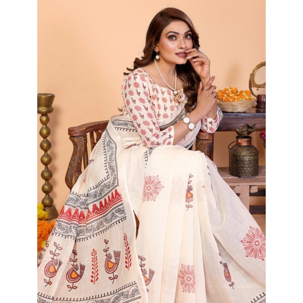 Women's Linen Cotton Printed Saree With Unstitched Blouse 5.5mtr (off White) | Women Signature Collection