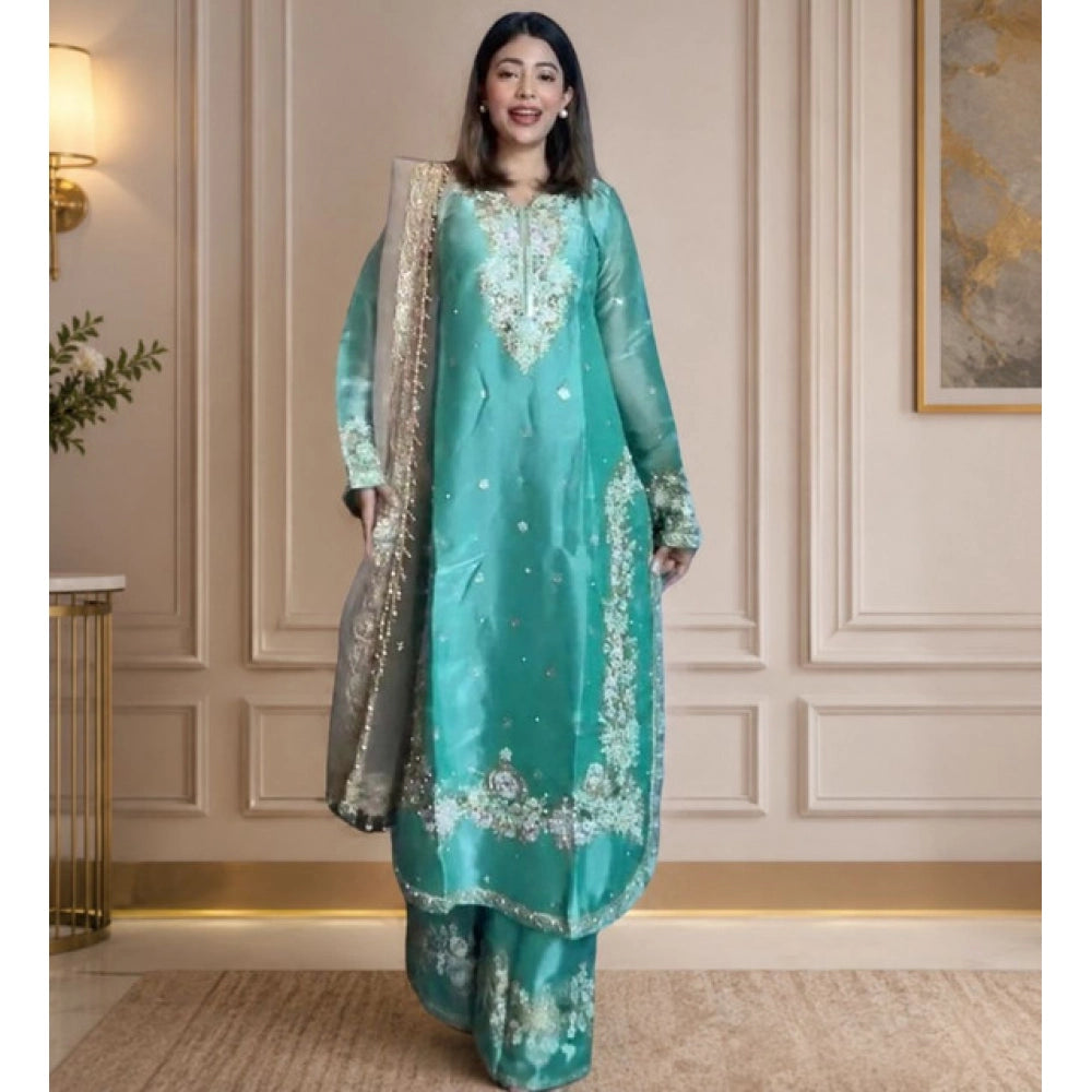 Women's Silk Embroidered 3/4th Sleeve Round Readymade Kurti With Palazzo Pant And Dupatta Set (sea Green) | Women Signature Collection