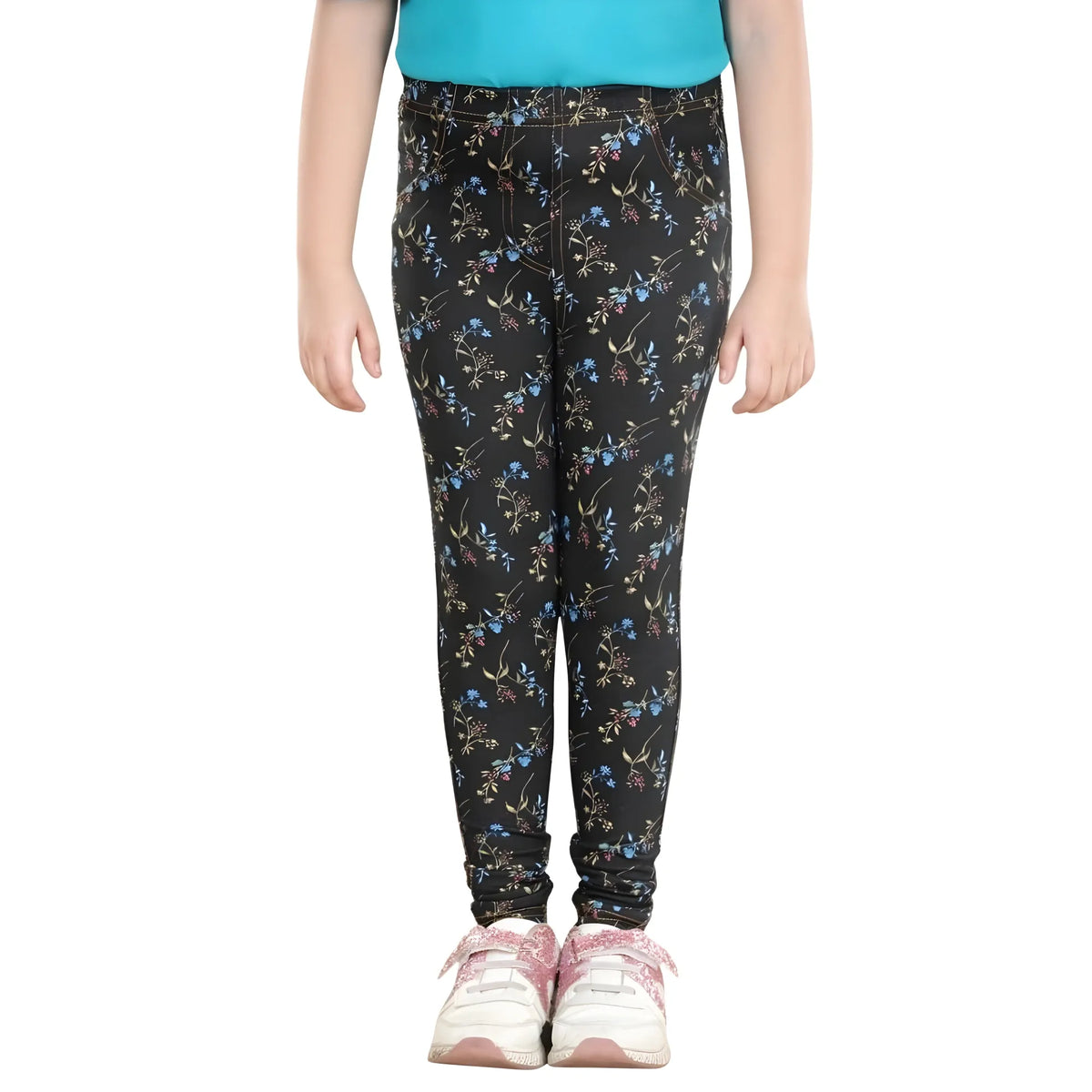 Girl's Cotton Lycra Floral Elasticated Jeggings (Multicolor)