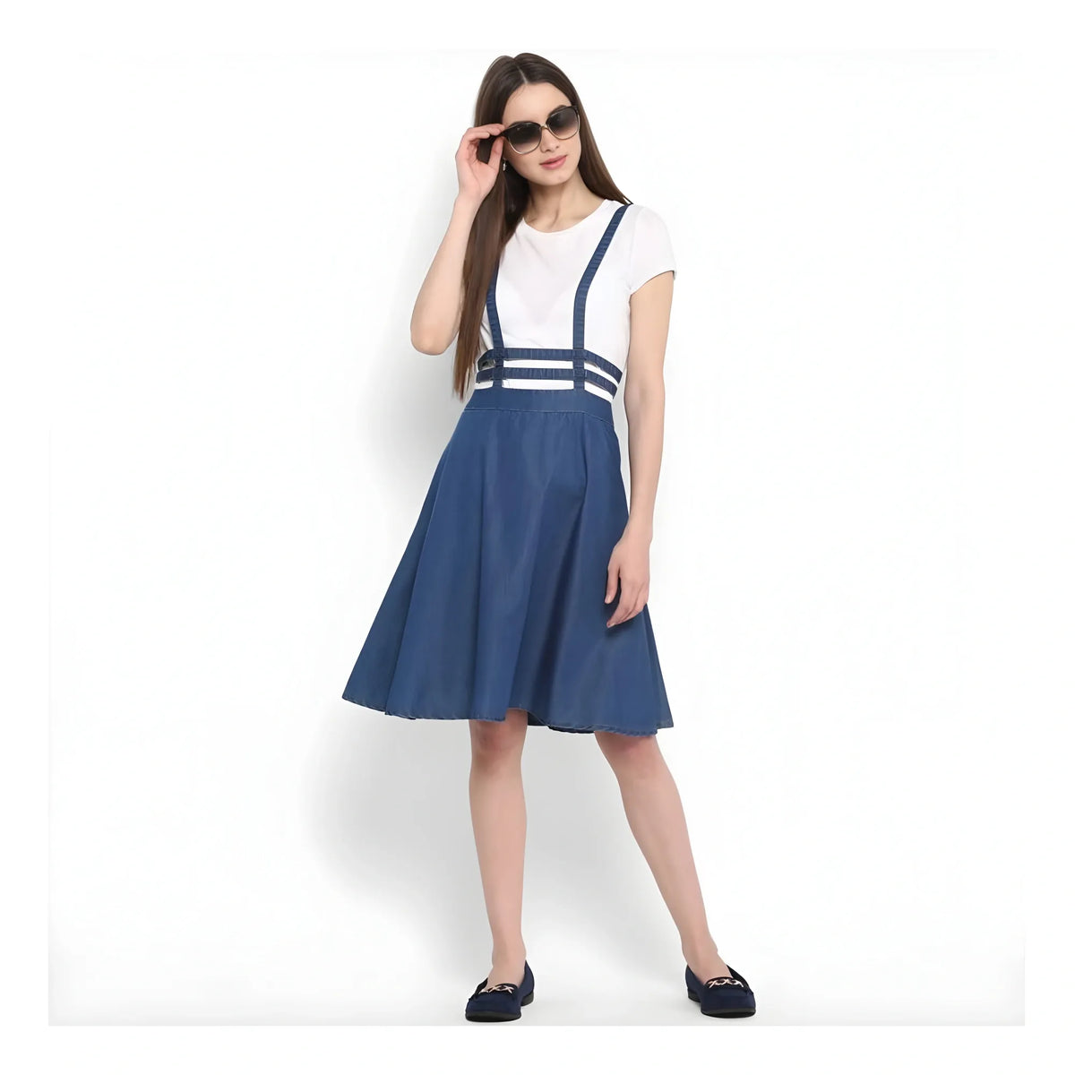 Women's Denim Solid Shoulder Straps Below Knee Dress (blue) | Women Signature Collection