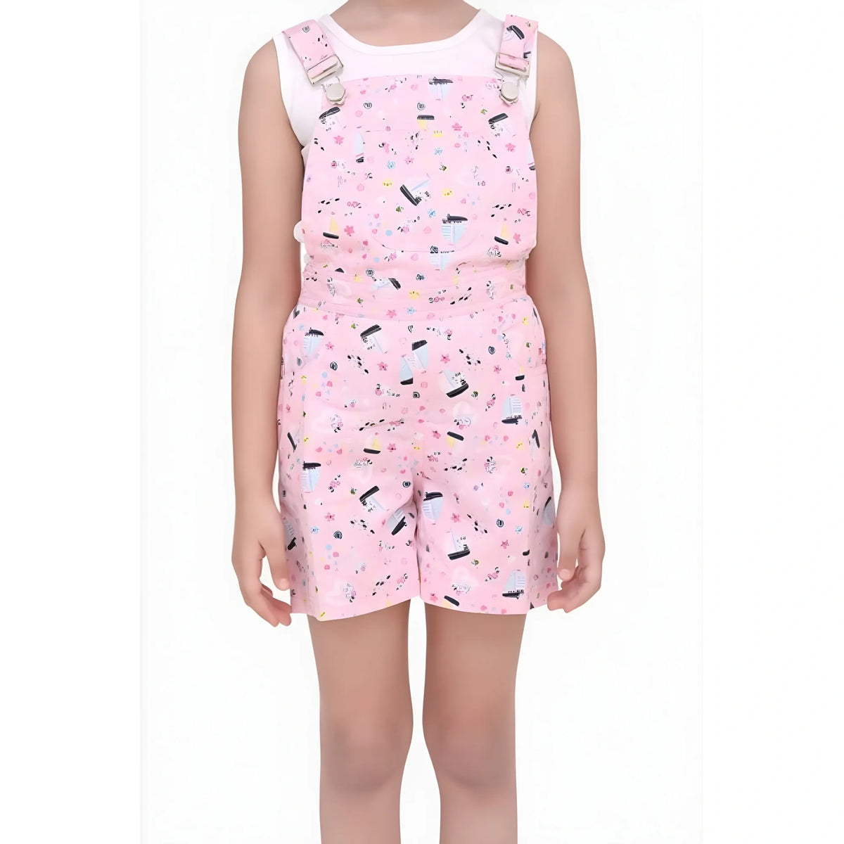 Girl's Inner Cotton Printed Sleeveless Dungaree (light Pink) | Kids Signature Collection