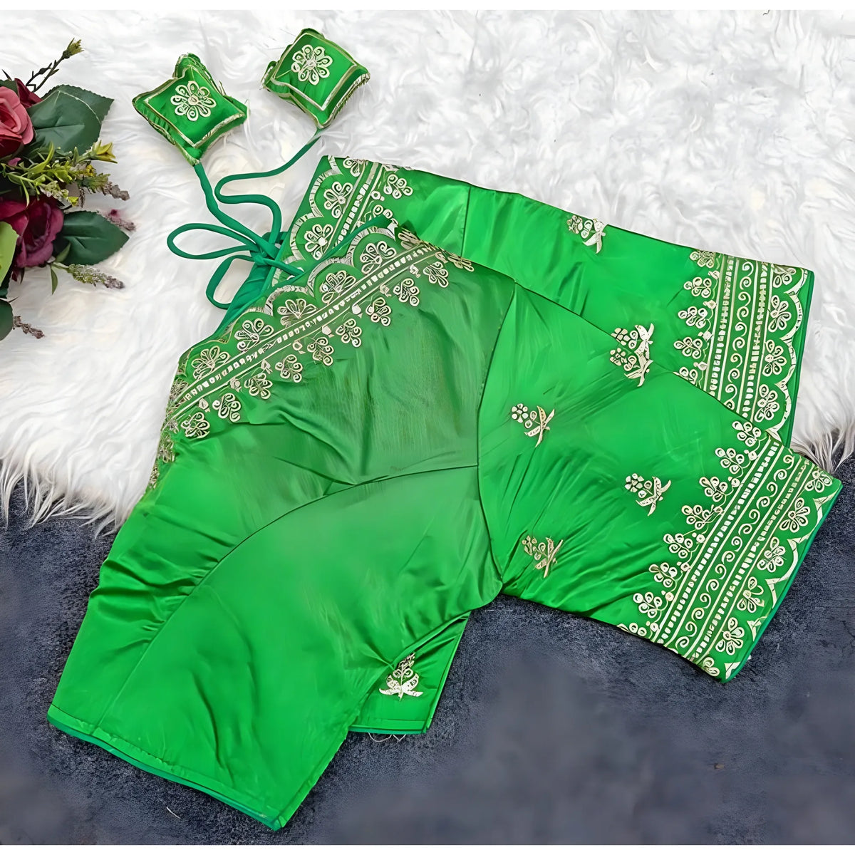 Jade Women's Satin Embroidered Half sleeve V-Neck Padded Readymade Blouse
