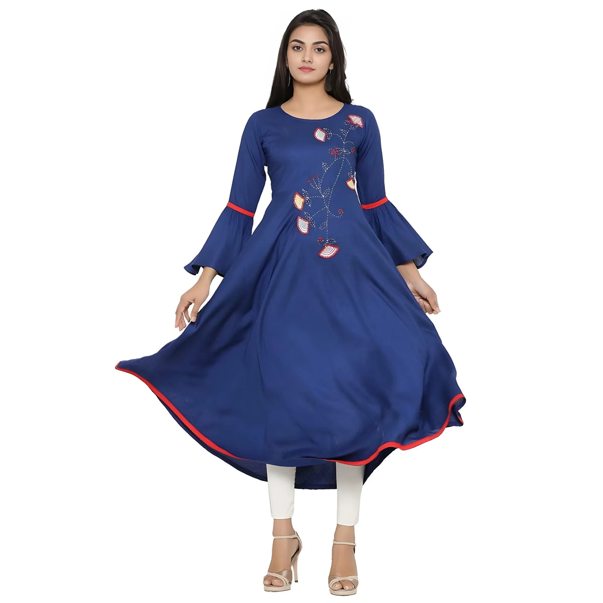 Women's Casual Bell Sleeves Embroidery Rayon Kurti (blue) | Women Signature Collection