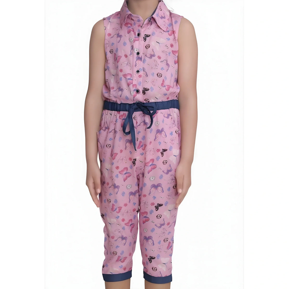 Girl's Cotton Printed Sleeveless Jumpsuit (pink) | Kids Signature Collection