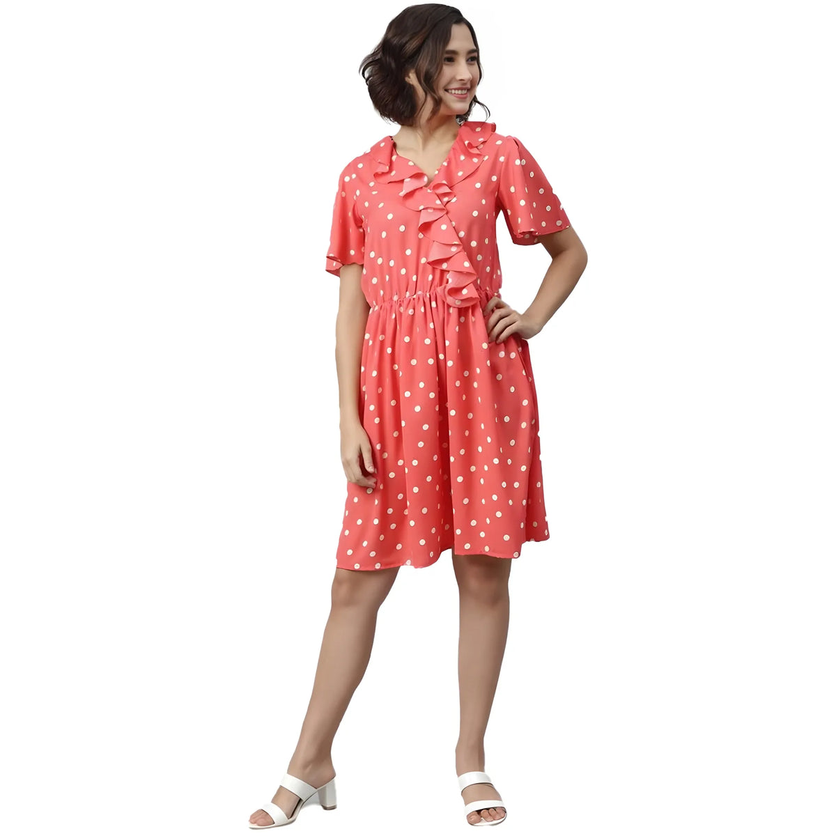 Women's Polyester Polka Flutter Above Knee Dress (coral) | Women Signature Collection