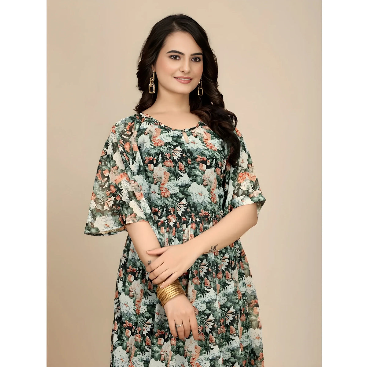 Women's Georgette Printed Round Neck Short Sleeve Dress (black) | Women Signature Collection