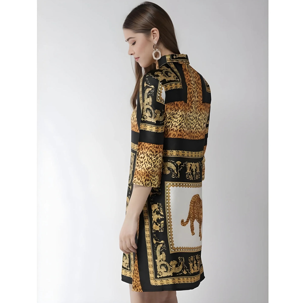 Women's Satin Animal Print 3 4th Sleeves Above Knee Dress (white Orange) | Women Signature Collection