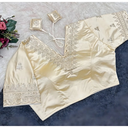 Ivory Women's Satin Embroidered Half sleeve V-Neck Padded Readymade Blouse