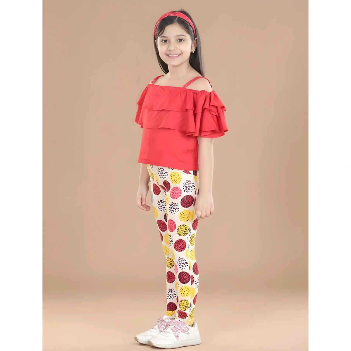 Girl's Cotton Floral Elasticated Jegging And Top Set (red) | Kids Signature Collection