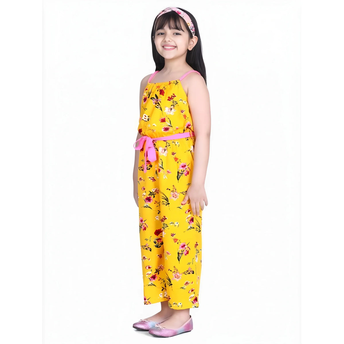 Girl's Polyester Crepe Floral Shoulder Straps Jumpsuit (yellow Pink) | Kids Signature Collection