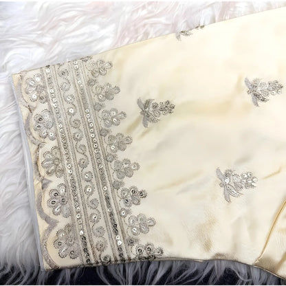 Ivory Women's Satin Embroidered Half sleeve V-Neck Padded Readymade Blouse