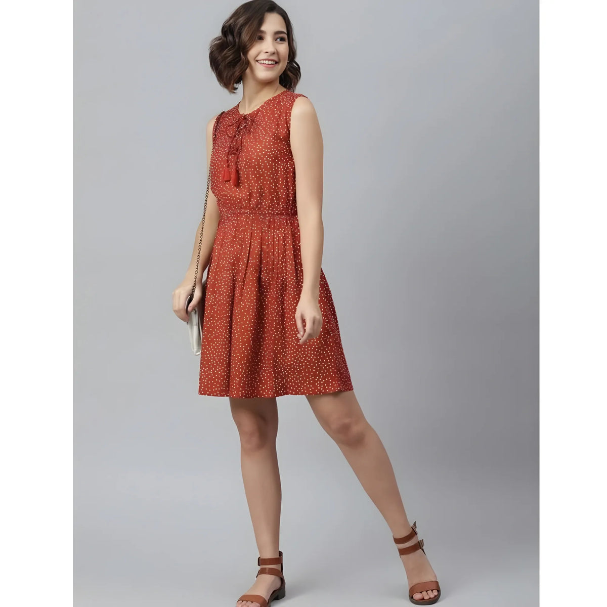 Women's Rayon Polka Sleeveless Above Knee Dress (rust) | Women Signature Collection