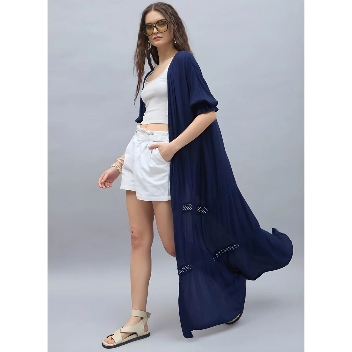 Women's Rayon Crepe Lace Inserts 3 4th Sleeve Shrug (navy) | Women Signature Collection
