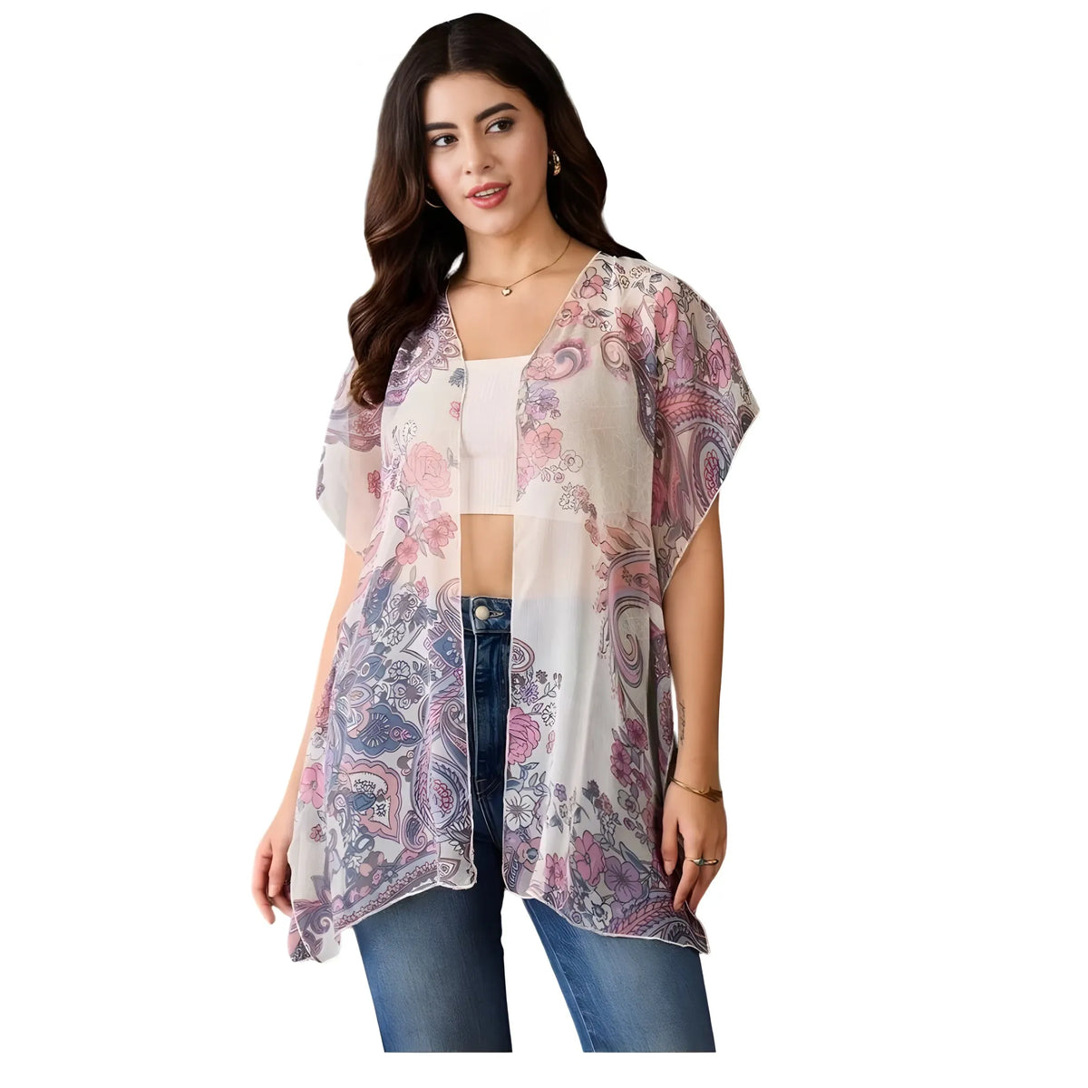 Women's Chiffon Printed Short Sleeves Shrug (white Purple) | Women Signature Collection
