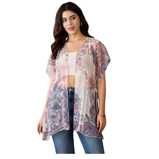 Women's Chiffon Printed Short Sleeves Shrug (white Purple) | Women Signature Collection