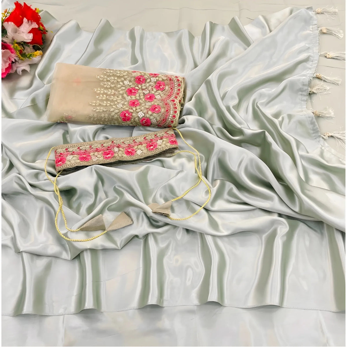 Women's Satin Solid Saree With Unstitched Blouse (offwhite, 5 5 Mtrs) | Women Signature Collection