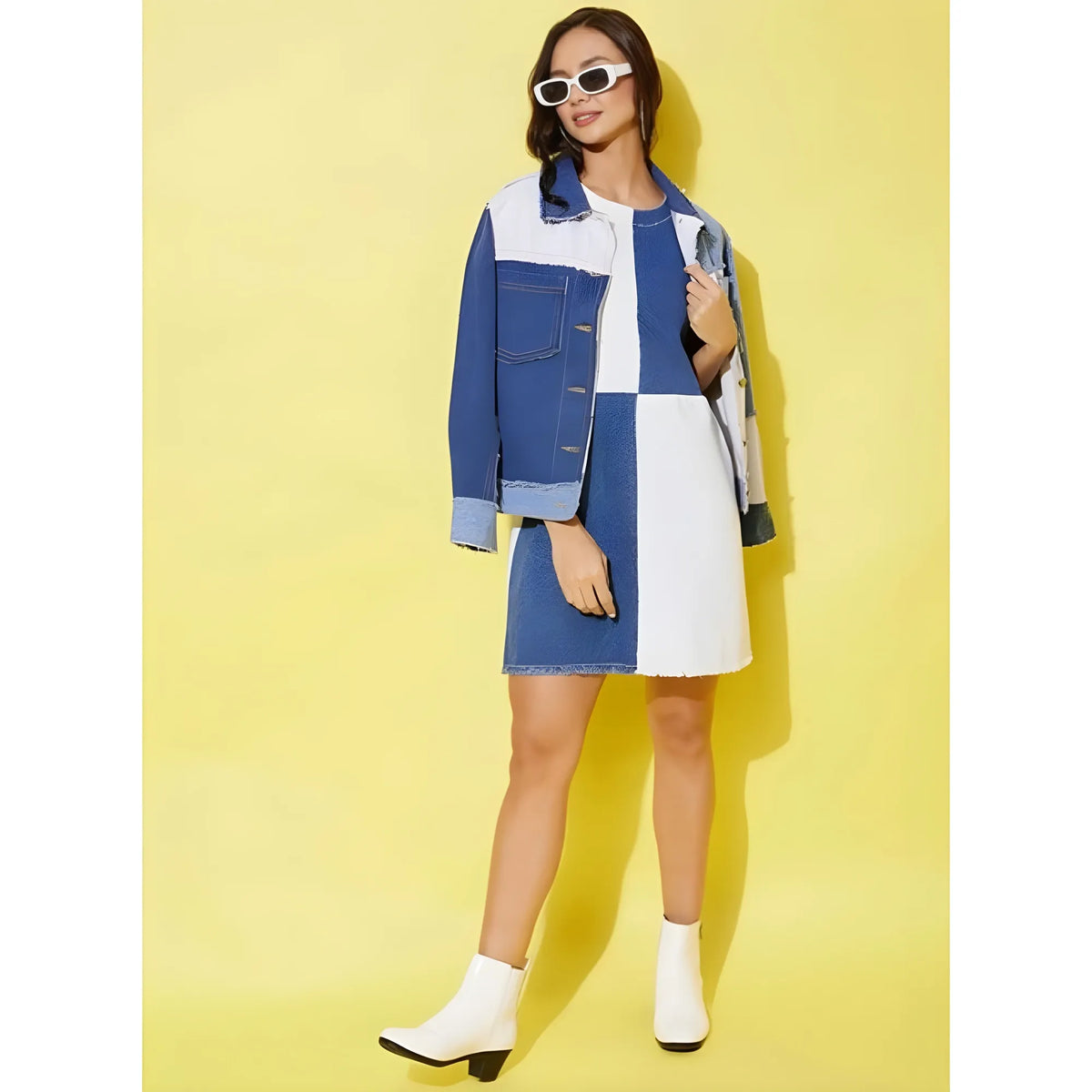 Women's Denim Color Blocking Sleeveless Dress (blue) | Women Signature Collection