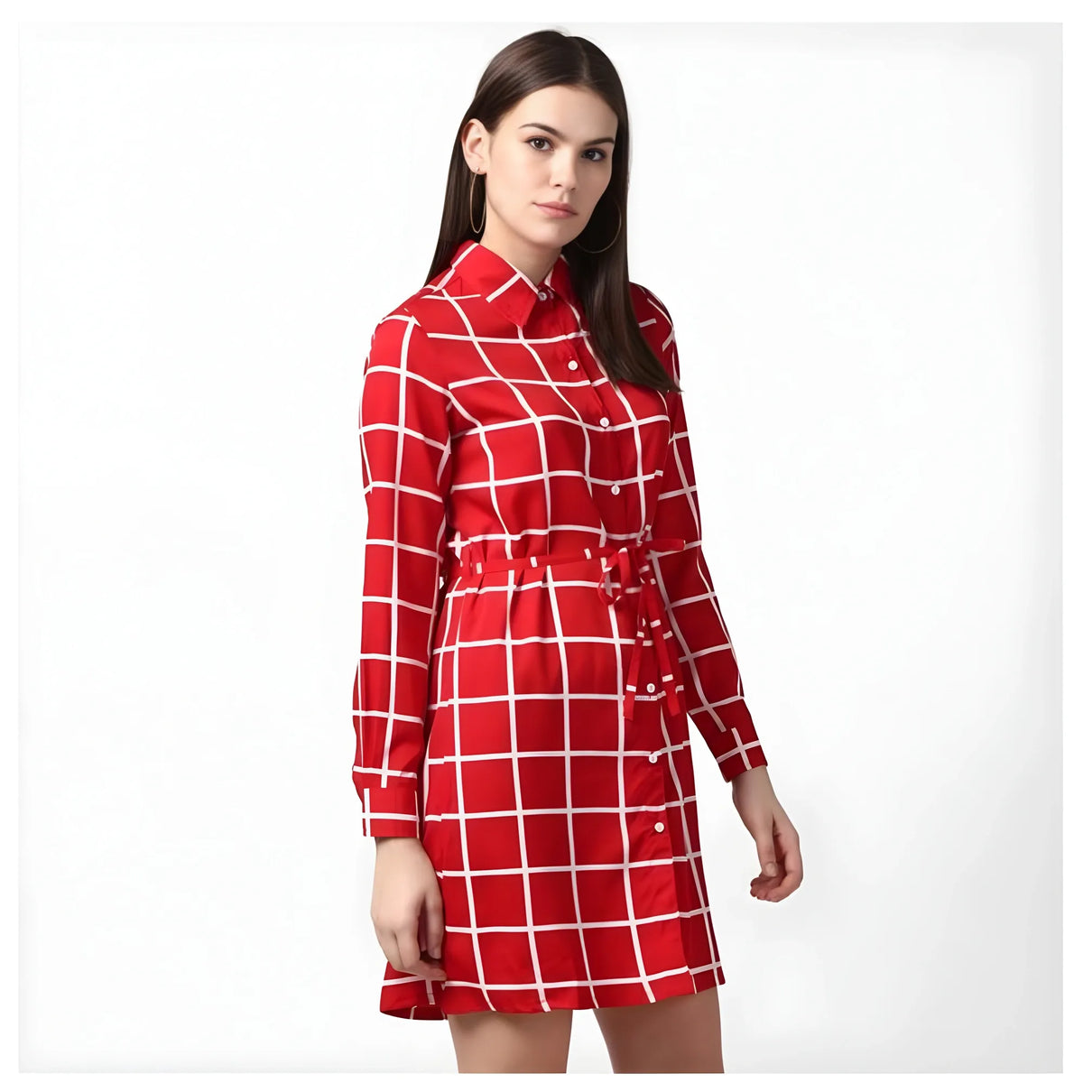 Women's Polyester Checkered Long Sleeves Above Knee Dress (red) | Women Signature Collection