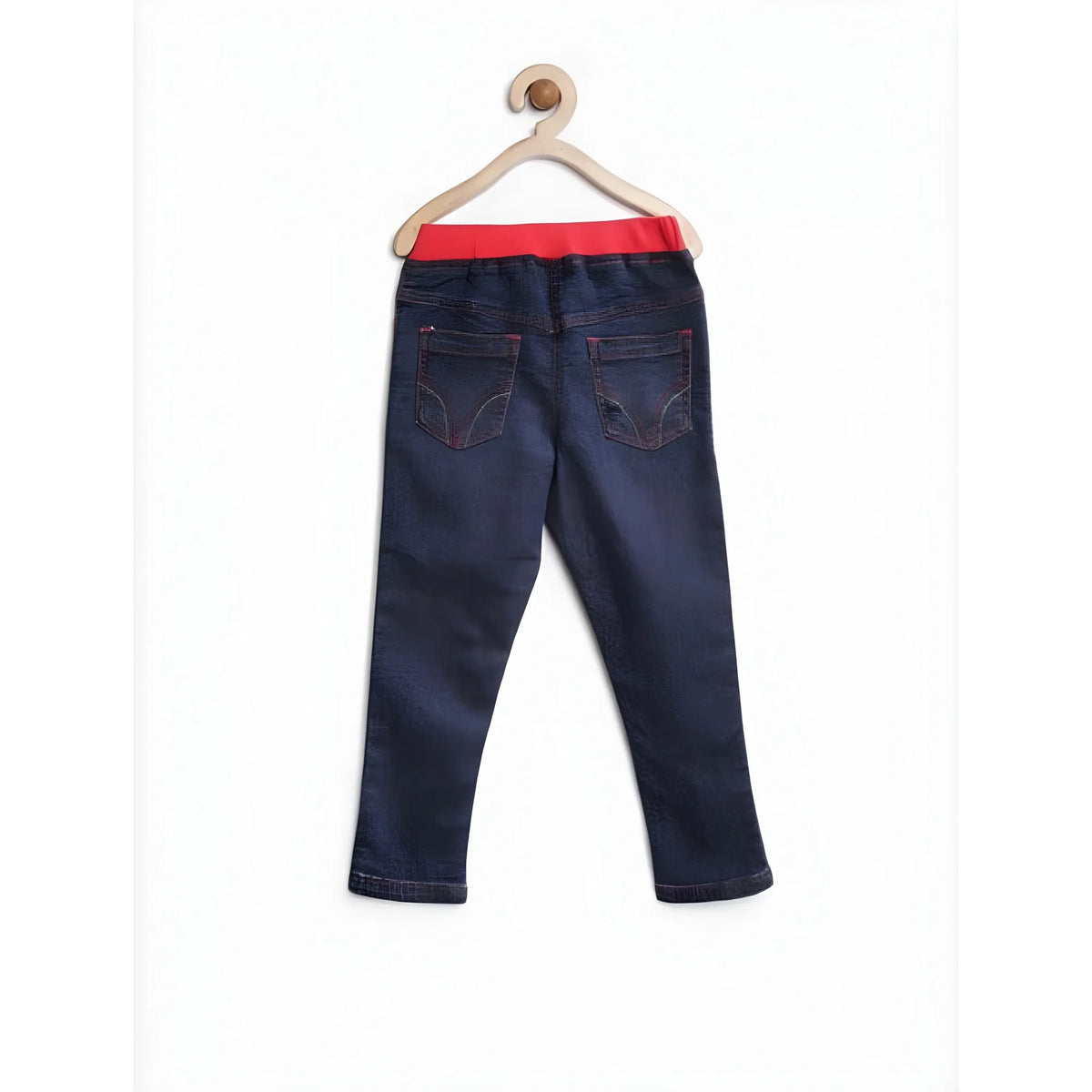 Girl's Denim Ribbed Elasticated Jeans (Red-Blue)