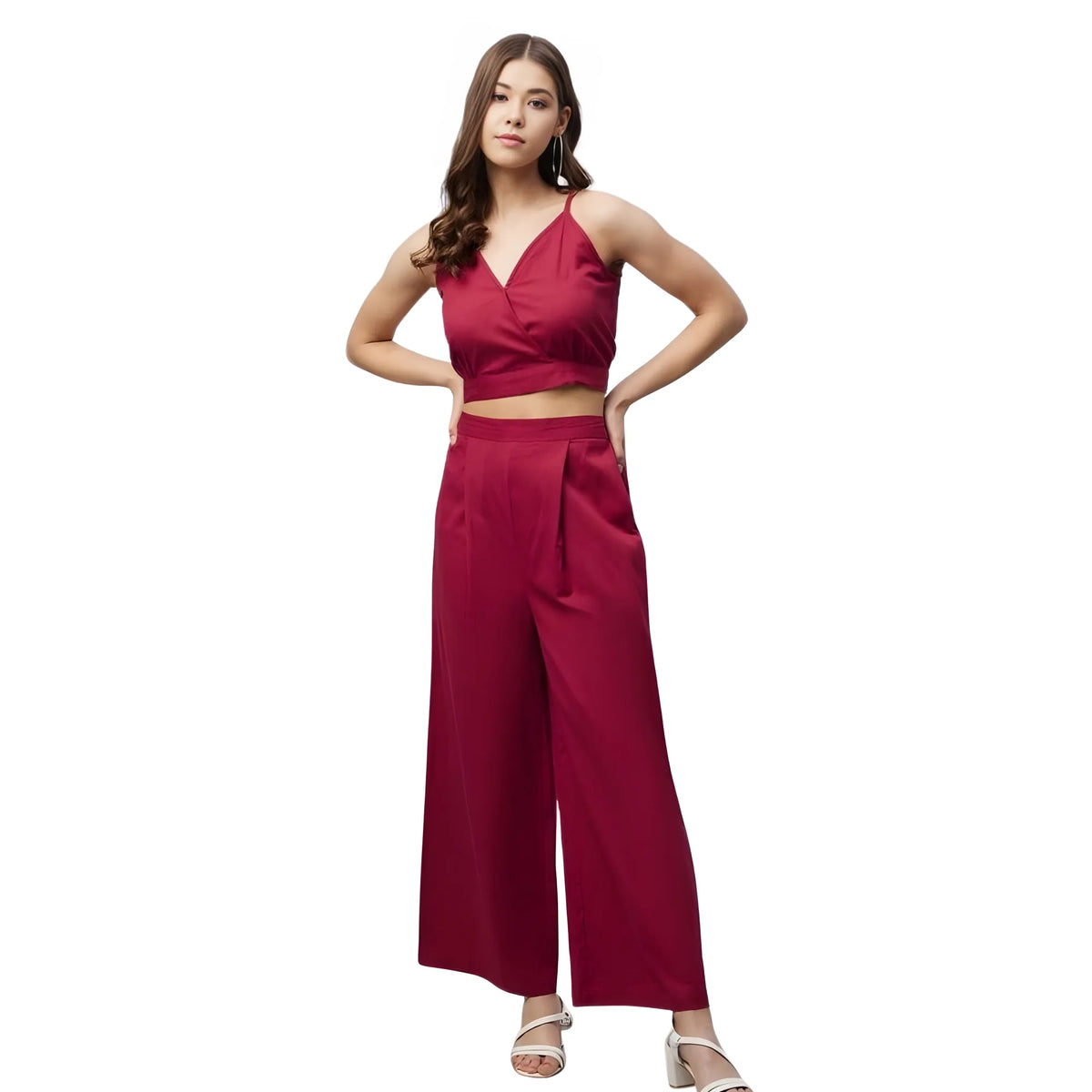 Women's Cotton Linen Solid Sleeveless Crop Top And Palazzo Set (maroon) | Women Signature Collection