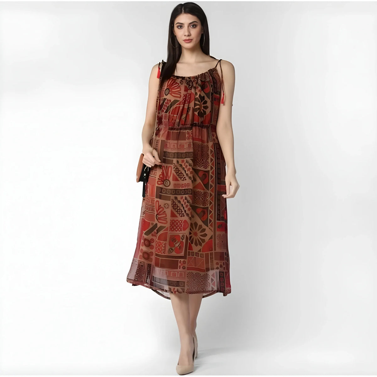 Women's Polyester Printed Shoulder Straps Dress (maroon Brown) | Women Signature Collection