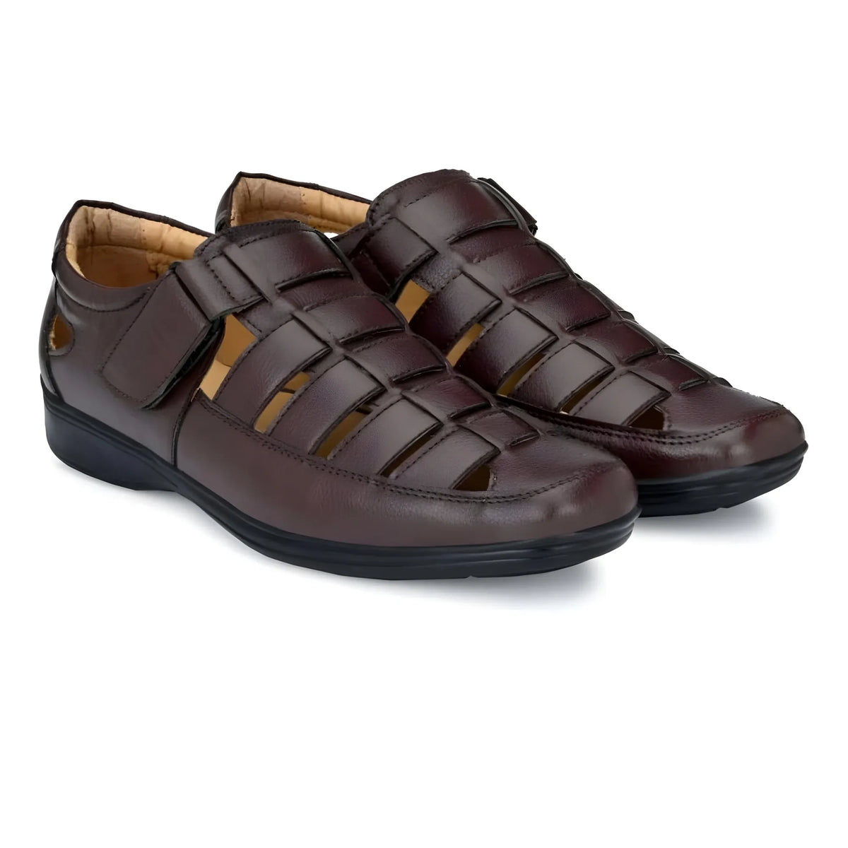 Men's Casual Faux Leather Solid Velcro Sandal (Brown)