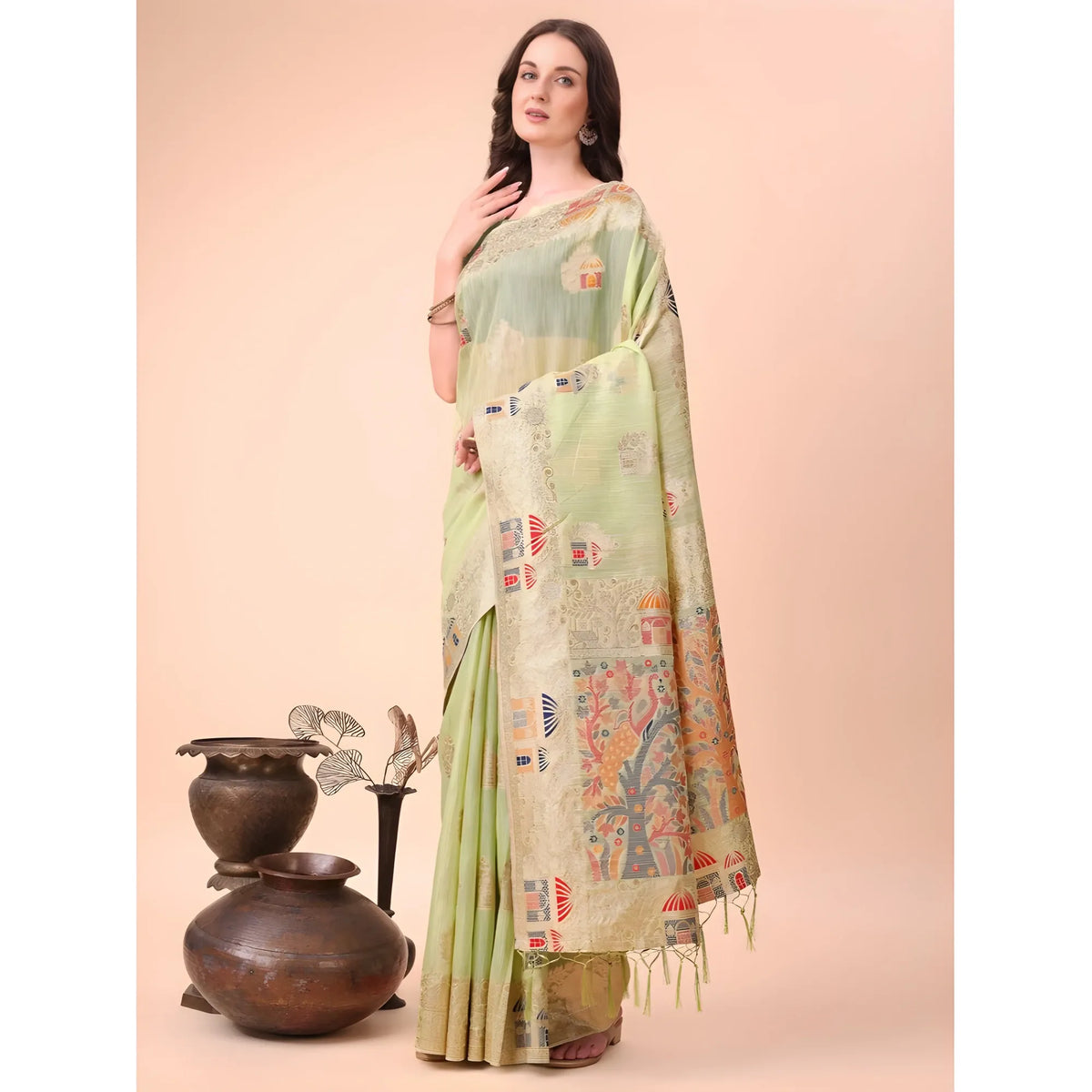 Women's Linen Cotton Printed Saree With Unstitched Blouse 5.5mtr (light Green) | Women Signature Collection