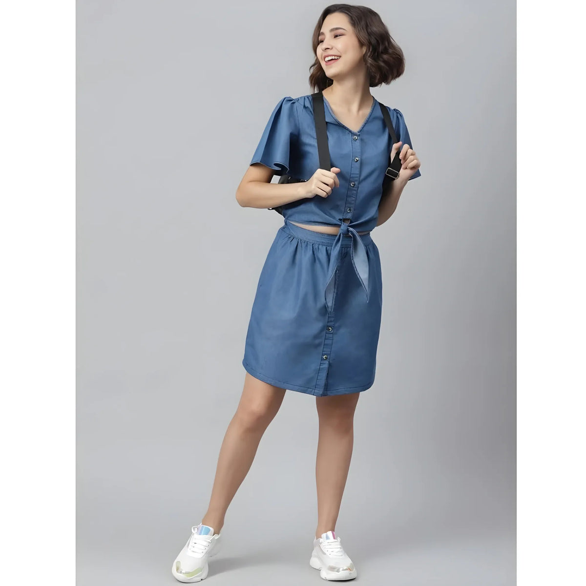 Women's Denim Solid Flutter Above Knee Dress (blue) | Women Signature Collection