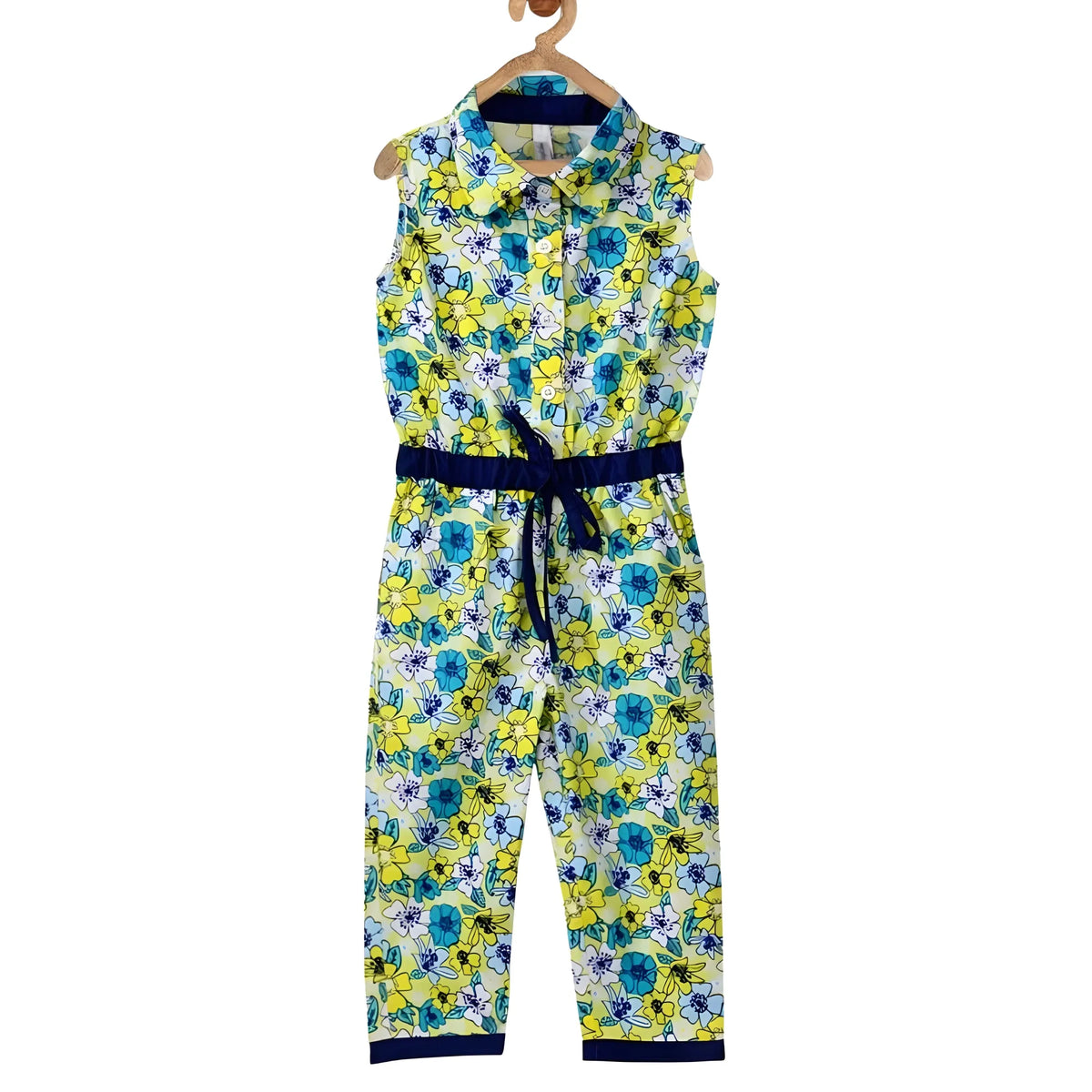 Girl's Cotton Floral Sleeveless Jumpsuit (Yellow)