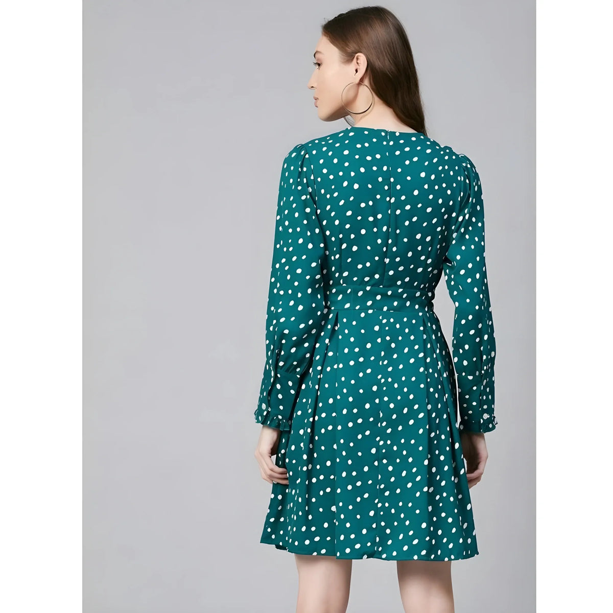 Women's Polyester Polka Long Sleeves Above Knee Dress (green White) | Women Signature Collection