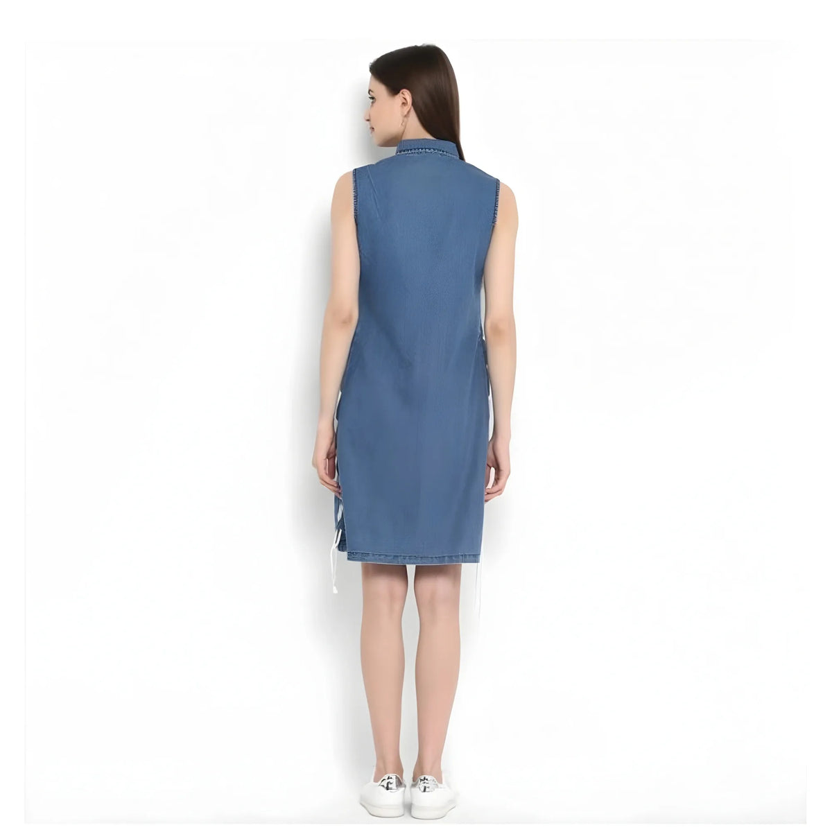 Women's Denim Solid Sleeveless Above Knee Dress (blue) | Women Signature Collection