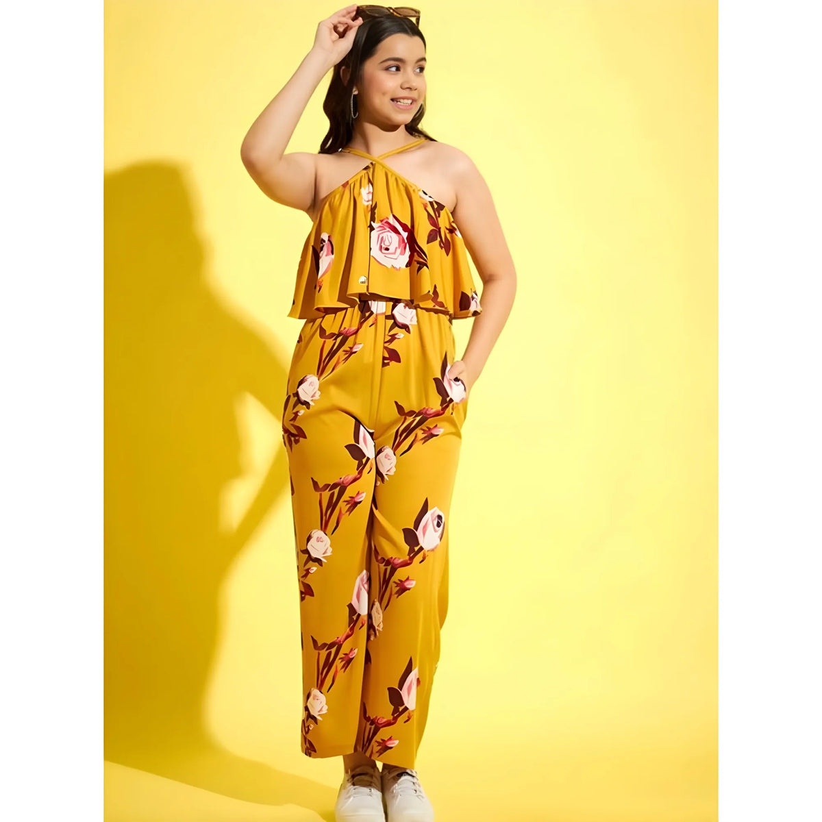 Girl's Polyester Crepe Floral Sleeveless Jumpsuit (mustard) | Kids Signature Collection