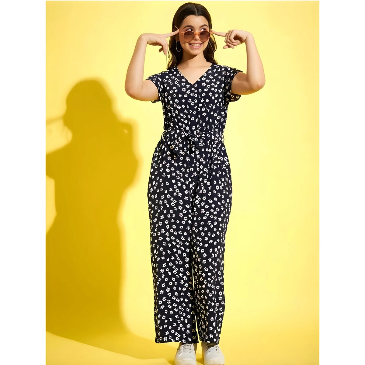 Girl's Polyester Moss Floral Short Sleeves Jumpsuit (navy White) | Kids Signature Collection